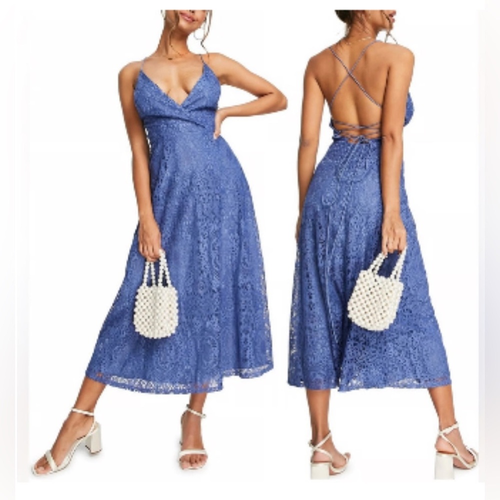 NWT ASOS Design Lace Midi Dress with Lace Up Back in Blue